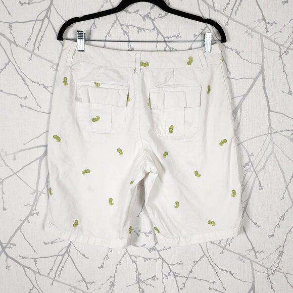 Khakis White Green Seahorse Embroidered Cotton Bermuda Shorts - Picture 3 of 5